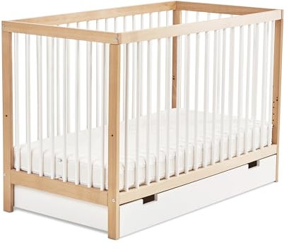 Ehrenkind® Babybett PUR inkl. Schublade 120x60 Buchenholz | Natur-Weiß | Kinderbett 9-Fach höhenverstellbar mit entnehmbaren Stangen | Baby Bett