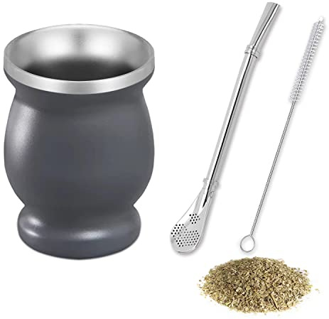 thirei Mate Tee Set, 230ML Mate Becher, Mit Strohhalm und Reinigungsbürste, Geeignet für Küche, Restaurant, Café, Grau