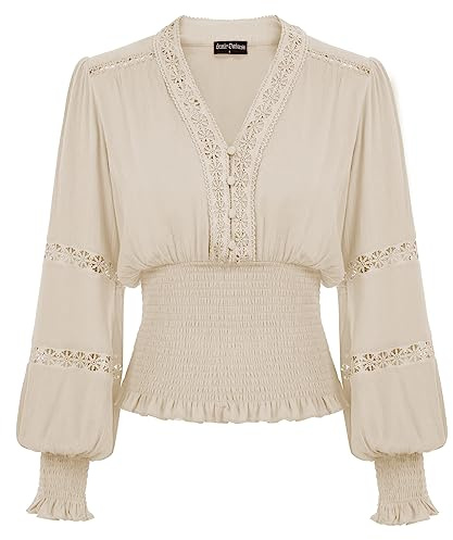 SCARLET DARKNESS Bluse Damen Elegant Mittelalter Gesmokt Langarmshirt