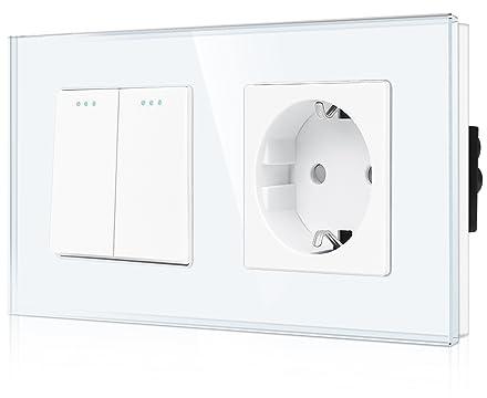 CNBINGO Schuko Steckdose mit Lichtschalter 2 Fach 1 Weg Glas Lichtschalter, Modernem Kristallglas Wandplatte mit Leuchtpunkten, Weiß
