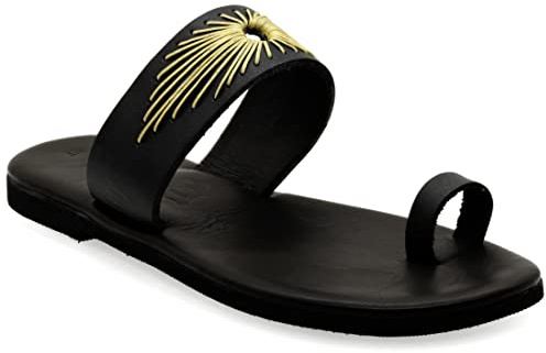 Emmanuela Sandalen im antiken griechischen Stil, handgefertigte flache Schiebe-Sandalen mit Zehenring aus besticktem Leder, hochwertige Sommerschuhe für Frauen, Boho-Chic-Slider-Sandalen