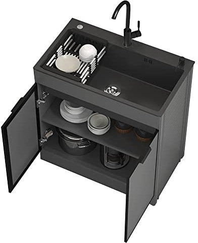 MBROS Lavandino da Cucina Nero a Una Vasca e mobiletto Combinato Lavandino da Bagno autoportante Lavandino per Lavanderia con mobiletto Lavabo a Mano w/Doppio ripiano per Interni ed Esterni SHO