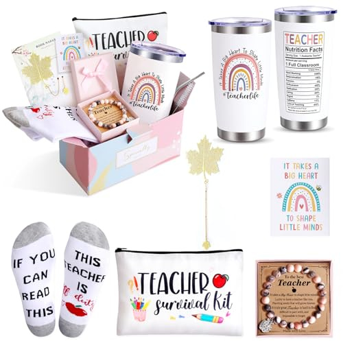 Teacher Appreciation Gifts: 20 OZ Tumbler, Pouch Bag, Socks & Thank You Basket Box for Birthday/Christmas & Back to School