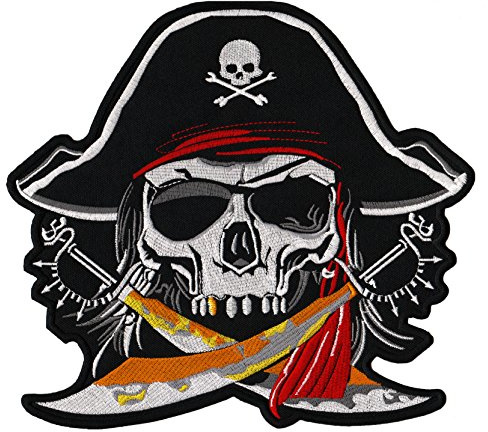 Großer Pirat Rückenpatch – 23,3 x 21,5 cm – Gestickter Aufnäher Biker Kutte Weste Jacke XXL Rückenaufnäher Säbel Hut Augenklappe Patch Backpatch Kostüm Fasching Karneval – Hochwertige Stickerei