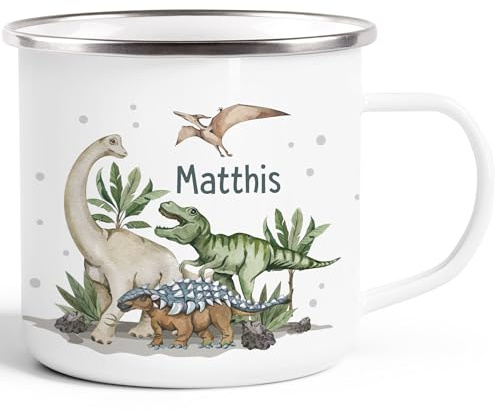SpecialMe® Kinder-Tasse Emaille Dino mit Namen personalisiert Dinosaurier Namenstasse individuelle Geschenke Emaille-weiss-silber standard