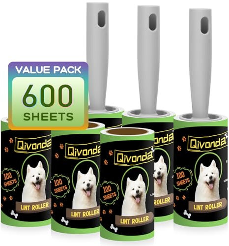 Qivonda Fusselrolle 600 Blatt Mega Value Set, Fusselrollen für Tierhaare Extra Klebrig mit 3 verbesserten Griffen, Tragbarer Fusselentferner für Kleidung, Möbel, Hunde- & Katzenhaare (6 Pack), LT001