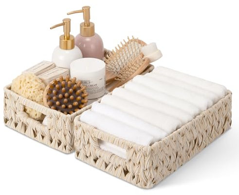 GRANNY SAYS Cestini in vimini per organizzare, cesti portaoggetti per mensole, cestini con manici, cestino intrecciato impermeabile per soggiorno, cestini rettangolari per ingresso, confezione da 2