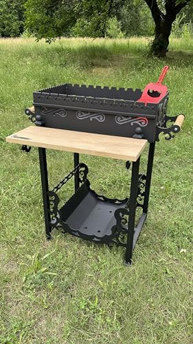 Barbacoa, Mangal, BBQ Vostochnij, barbacoa de jardín, barbacoa con acero de 4 mm, estante de madera, compartimento de madera, hasta 12 pinchos de shish kebab, barbacoa de picnic, camping