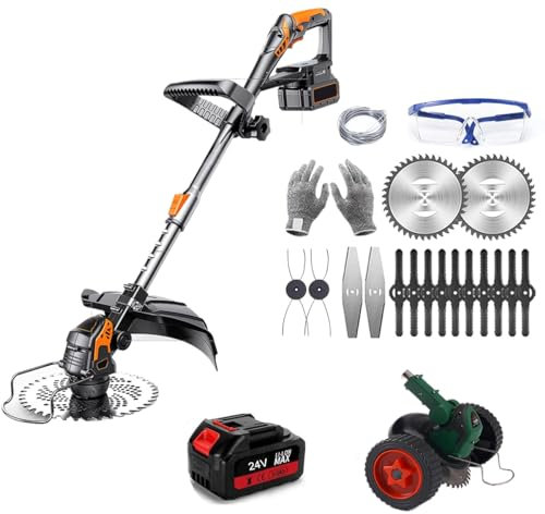 Desbrozadora Bateria con Ruedas,Desbrozadora Electrica con 2 Baterías 2*24v, 4 Cuchillas, Mango Ajustable, Tubo Telescópico, Cabezal Pivotante 90°, Cortabordes Electrica para Céspedes/Jardines