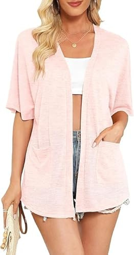 Yommay Cardigans for Women Summer Short Sleeve Open Front Ladies Elegant Cardigan Lightweight Casual Outerwear with Pockets,Light Pink,XXL