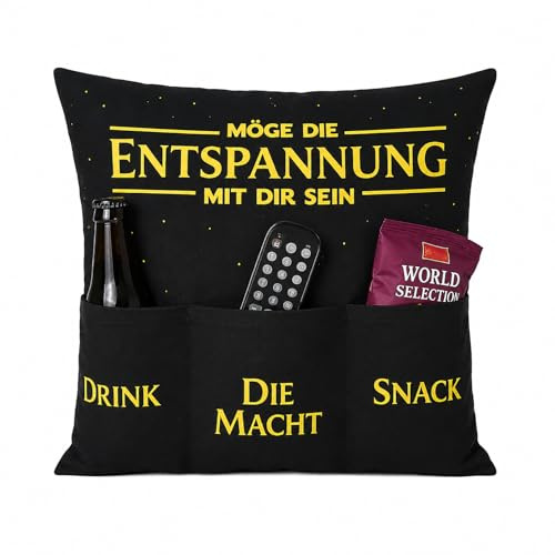 KAMACA Dekokissen mit Spruch Möge die Entspannung ... Zierkissen mit Füllung und 3 Taschen Geschenk Männer Gamer Sofa Couch Chillkissen Vatertag Geburtstag (Möge die Entspannung mit dir Sein A)