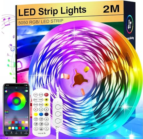 2M Cinta Led Cámara Led Controlada por APP Bluetooth o Control Remoto Teclas, Sincronizar con Ritmo Musical, RGB Tira LED Luminosa para Decoración Hogar