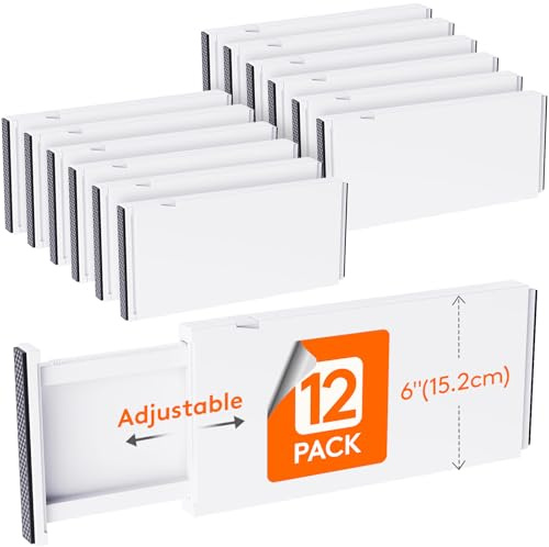 Lifewit 12 Pack Drawer Dividers Plastic 6 High, 13.5-22 Adjustable Drawer Organisers for Clothes, Expandable Dresser Separators in Bedroom/Bathroom/Kitchen/Office Organization and Storage | 12 Pack 13.5-22 Expandable White Drawer Separator for Clothes, Dresser/Kitchen/Closet/Bedroom/Office Organization & Storage