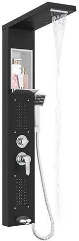 Aufun Pannello doccia in acciaio inox con ripiano e rubinetto, 5 funzioni colonna doccia pioggia e nebbia, 4 ugelli massaggianti regolabili, doccetta e beccuccio a cascata, rubinetto doccia, nero