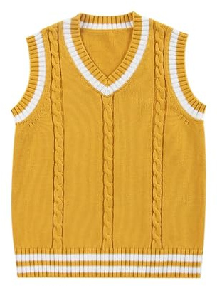 jinghuiyue Women’s V Neck Sweater Vest Uniform Cable Knit Sleeveless Sweaters Pullover Tank Tops(Stripe Yellow-M)