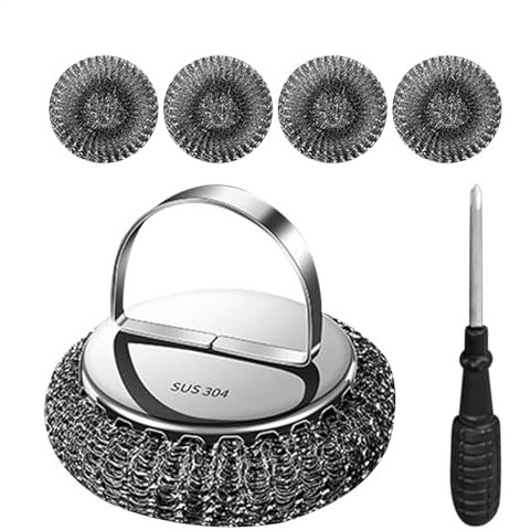 Steel Wool Scrubber with Handle, Heavy-Duty Steel Wool Scrubber, Kitchen Steel Wool Scrubber, Handle Scrubber with Steel Wool, Steel Wool Cleaning Brush, Scrubber with Steel Wool Pad
