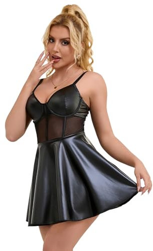 ohyeahlady Lederkleid Damen Elegant Dessous Große Größen Partykleid Kurz PU Leder Kleid V-Ausschnitt Dress Babydoll Dessous für Mollige Frauen Unterwäsche Lingerie Schwarz XL