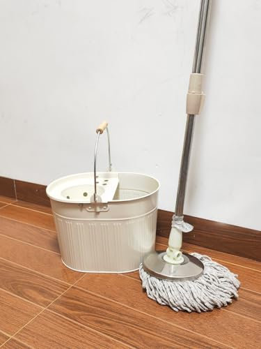 Industrial Galvanized Metal Mop Bucket 13L litres Large Galvanised Reinforced Heavy Duty Thick Metal Steel Mop Bucket for Home Office General Cleaning (Off-White)