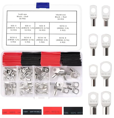 YIXISI 115 ST M5/M6/M8/M10 Ringterminaler Set, Rörformade Batterikabeländar, Koppartrådterminaler, med Krympslang, för Elkabel, Silver