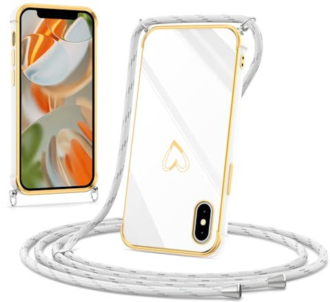 Noyabox Hülle mit Band für iPhone X/Xs, Silikon Handyhülle mit Handykette Galvanisiertes Herz Love Design Stoßfest mit Kameraschutz Elegant für Frauen und Mädchen, Weiße