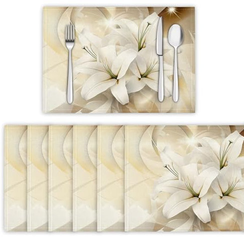 Giglio Piante Estetica Tovaglietta,PVC Tovagliette Cucina Lavabili Set di 6 Tavola Antiscivolo Resistente al Calore Tovagliette per Tavola,45x30cm,giallo
