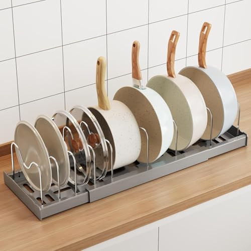 Mustorn Topfdeckelhalter, Deckelhalter Verstellbares Pfannen Organizer Deckelhalter Küche mit 9 Verstellbaren Teiler Topf Organizer Schublade Erweiterbares Tupperdosen Organizer (Grau)
