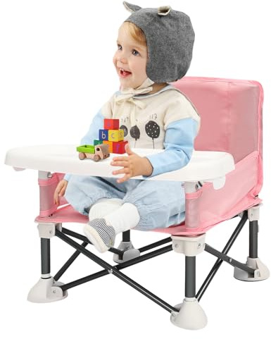 Tragbarer Babystuhl,Reise Kindersitz Tragbare Reise-Sitzerhöhung Tablett abnehmbar,Faltbarer Campingstuhl für Kleinkinder Camping, Strand,Rasen Kinder Campingstühle (Rosa)