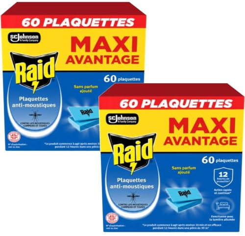 Raid Plaques anti-moustiques, 60 plaques sans odeur pour moustiques communs et tigres, jusqu'à 12 heures de protection, compatibles avec diffuseurs Raid (2)