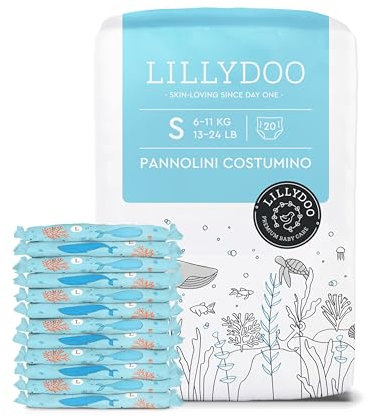 Pannolini costumino LILLYDOO monouso, delicati sulla pelle, per bambini taglia S (6–11 kg), confezione da 20 pezzi con fantasia sottomarina – pannolini per una protezione sicura in acqua