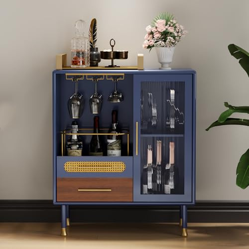 MROJISC Weinschrank Blau, Barschrank mit Weinglasregalen und 2 Schubladen, Modernes Bar Schrank Holzbuffet Sideboards für Wohnzimmer, Küche, Esszimmer