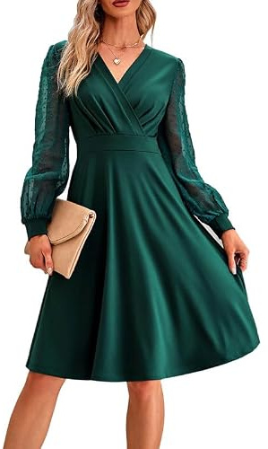 MAYFASEY Women's Long Sleeve Dress V Neck A Line High Waist Midi Dresses | Casual Loose Swing Knee Length Cocktail Dress