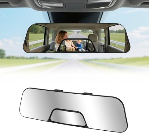 Rear View Mirror, 12 Inch Panoramic Anti-Glare Rearview with baby Mirror, Angle Convex to Reduce Blind Spot Universal Clip-On Interior Adjustable for Car Suv Truck to See kids