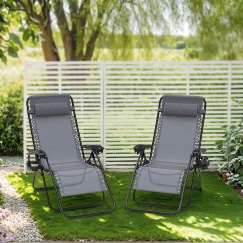 2er Liegestuhl Klappbar Verstellbare Sonnenliege Gartenliege Mit Kopfkissen Ablage Atmungsaktivem Teslin-Gewebe Wetterfest Stabler Stahlrahmen,Gartenstuhl,Relaxliege Für Garten Balkon Terrasse, Grau