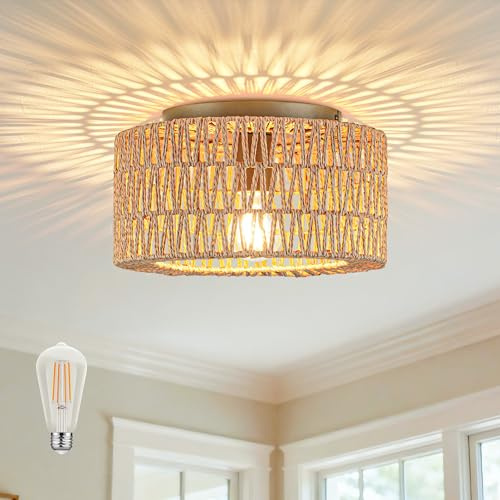 Adebime Boho Deckenleuchte Rund Ø30 cm Rattan Optik Metall, 800 Lumen Warmweiß (2700K), Vintage Deckenlampe für Flur Wohnzimmer Schlafzimmer, E27 Fassung inkl. 8W LED [Energieklasse E]