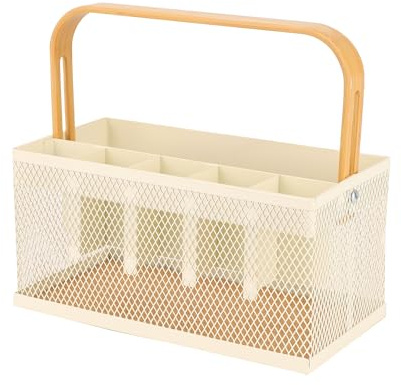 AJIODA Utensil Caddy Metal Mesh Silverware Cutlery Organizer Basket with Bamboo Handle, Multi-Purpose Steel Wire Caddy 6 Compartment Flatware Basket for Kitchen, Countertop, Picnic, Restaurant, White