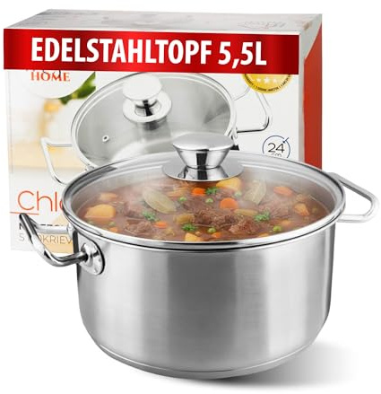 MAGIC HOME Bratentopf mit Deckel 24 cm 5.5 Liter | INDUKTION | Topf aus Hochwertiger Edelstahl | Großer Kochtopf, Glasdeckel | 24cm | Satin-Finish | Alle Herdarten, Induktionsherd | Suppentopf | Chloe