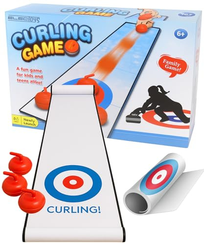 Tabletop Indoor Curling Game Family Fun Compact Lightweight Kids & Teens Curling Set for Home School Interactive Board Game Red Stones Blue White Surface