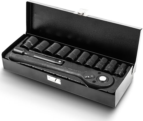 ROCKFORCE 12-tlg. 1/2 Zoll Steckschlüssel-Set mit Ratsche, 6-Kant Stecknüssen 10-24 mm, Verlängerungen & Gelenkadapter im robusten Werkzeugkoffer für Auto, Fahrrad & Werkstatt
