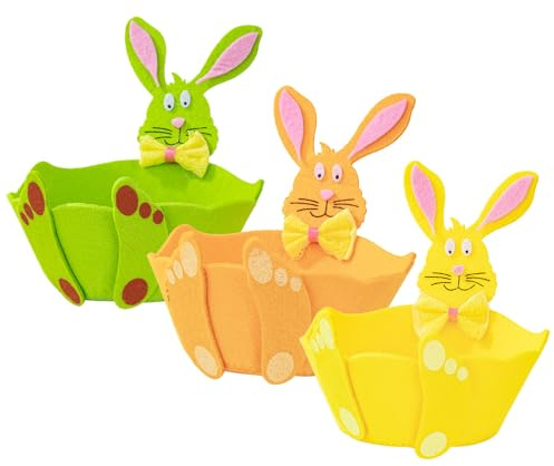 DOITOOL 3 Stück Osterhasen Filzkörbe mit Griff Kleine Hasen Aufbewahrungskörbe aus Filz in Grün Gelb und Orange für Ostereiersuche und Süßigkeiten Wiederverwendbare Süßigkeitenbeutel für