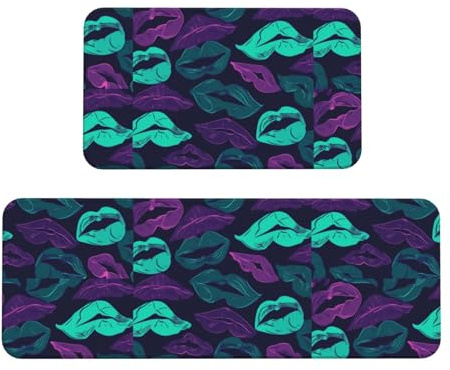 Purple and Blue Lip Prints Kitchen Rugs Set of 2, Cushioned Anti-Fatigue Kitchen Mats for Floor, Waterproof Comfort Standing Mat Absorbent Velvet Kitchen Runner Rugs 17x30+17x47