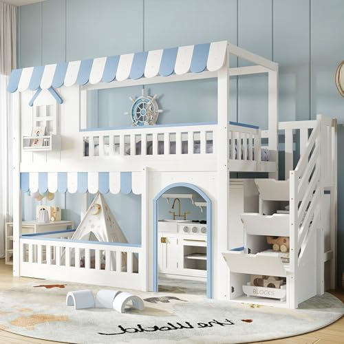 Kinderbett Etagenbett 90x200 cm, Hochbett Hausbett mit Stauraum Treppe&Fenster&Aufbewahrungsbox, Stockbett Spielbett Holzbett Jugendbett mit Lattenrost&Rausfallschutz, Kiefer, Ohne Matratze,Weiß+Blau