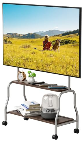 Mobile TV Stand on Wheels for 32 to 75 Inch Flat and Curved TVs, Rolling TV Trolley with Lockable Castors, 2 Tier Shelves, Stainless Steel Floor Stand, VESA 600x400mm, Holds 50kg (Brown)