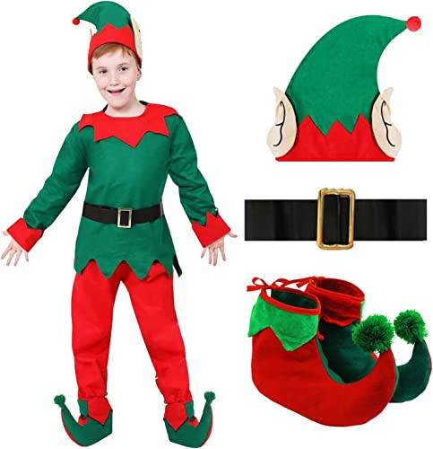 BOYS ELF COSTUME - KIDS GREEN & RED TOP + RED TROUSERS + MATCHING ELF HAT - CHRISTMAS FANCY DRESS CHEEKY ELF SANTA'S LITTLE HELPER ELVES (SIZE: MEDIUM)