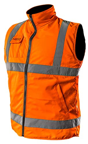 Neo Tools 2-i-1 professionell varningsväst, arbetshandske, vändbar, reflekterande på ena sidan, fleeceväst, säkerhetsväst, arbetsväst, funktionella väskor, storlek: S, orange