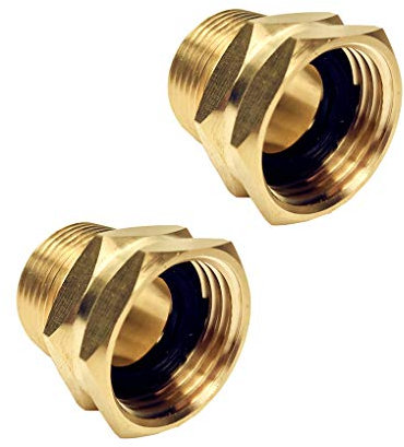 GESHATEN 3/4” GHT Female x 3/4” NPT Male Connector, GHT to NPT Adapter Brass Fitting, Garden Hose Adapter, Industrial Metal Brass Garden Hose to Pipe Fittings Connect (2 Pack)