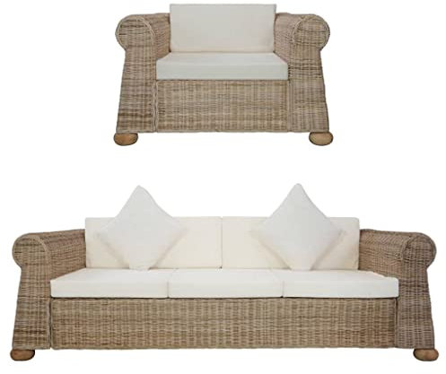 vidaXL Sofagarnitur 2-TLG. mit Auflagen Couch Sessel Sofa Loungesofa Sitzmöbel Wohnzimmersofa Rattansofa Couchgarnitur Designsofa Natur Rattan