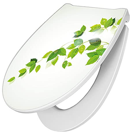 banjado Premium Toilettendeckel mit Absenkautomatik 45x38,4cm / WC Brille Soft Close/hygienischer Toilettendeckel/Klodeckel Duroplast mit Edelstahl Scharnier/Motiv Ranke Gelb Weiß