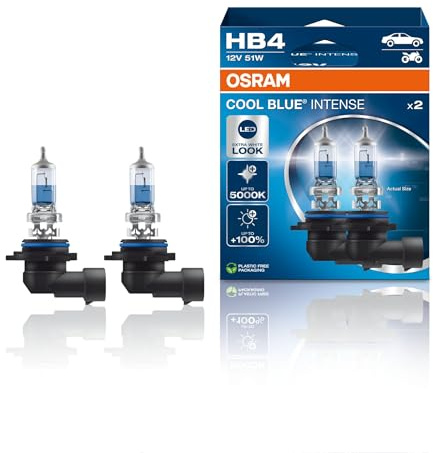 OSRAM COOL BLUE INTENSE HB4, +100% más de brillo, hasta 5000 K, lámpara de faro halógena, aspecto LED, caja dúo (2 lámparas)
