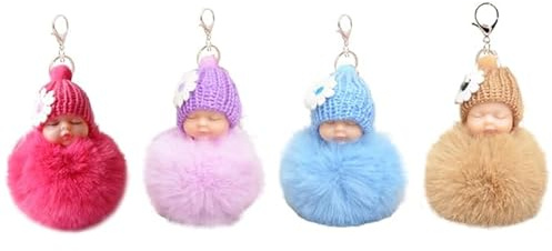 Select Zone Schlüsselanhänger Bommel 4 pcs Schlafende Babypuppe Keychain Plüsch Anhänger Mini Baby Puppe Keychain | Handtasche Anhänger | Flauschige Auto