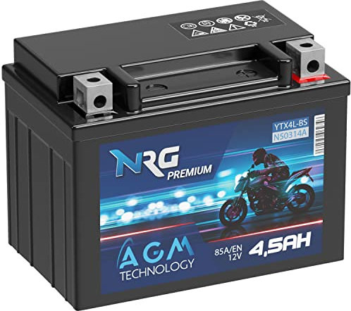 NRG Premium YTX4L-BS AGM Roller Batterie 4,5Ah 12V 85A/EN Motorradbatterie 50314 CTX4L-BS GTX4L-BS auslaufsicher wartungsfrei ersetzt 4Ah 5Ah